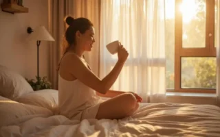 A woman enjoying her morning coffee in natural sunlight, embracing a calm start to her day. Start your journey to becoming a morning person with tips from yesvsno.net.