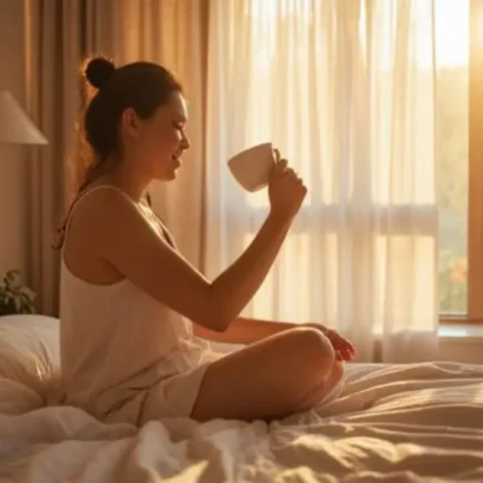 A woman enjoying her morning coffee in natural sunlight, embracing a calm start to her day. Start your journey to becoming a morning person with tips from yesvsno.net.