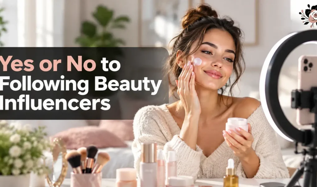 Yes or No to Following Beauty Influencers – Woman filming a skincare routine with a smartphone and ring light, exploring beauty trends and influencer content.