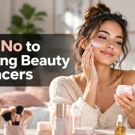 Yes or No to Following Beauty Influencers – Woman filming a skincare routine with a smartphone and ring light, exploring beauty trends and influencer content.