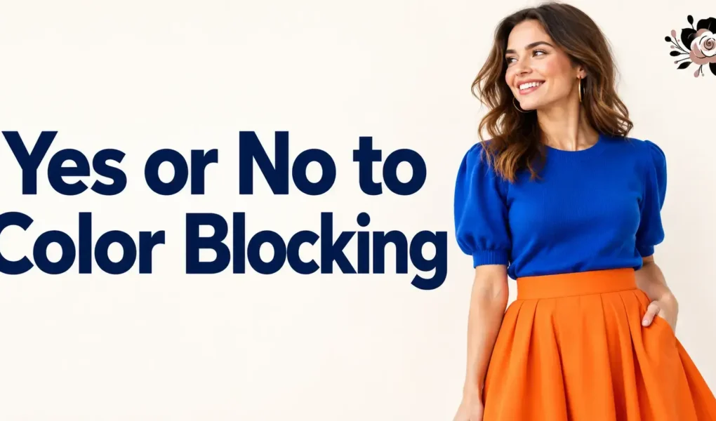a person wearing a bold two-color color-blocked outfit, like a bright blue top with an orange skirt, standing against a plain light background, soft natural light, bright and modern photography style.
