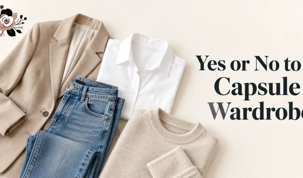 A clean flat-lay of a small, coordinated set of neutral-toned clothing pieces, like a blazer, jeans, a white shirt, and a sweater, arranged on a light surface, soft natural light, bright and modern