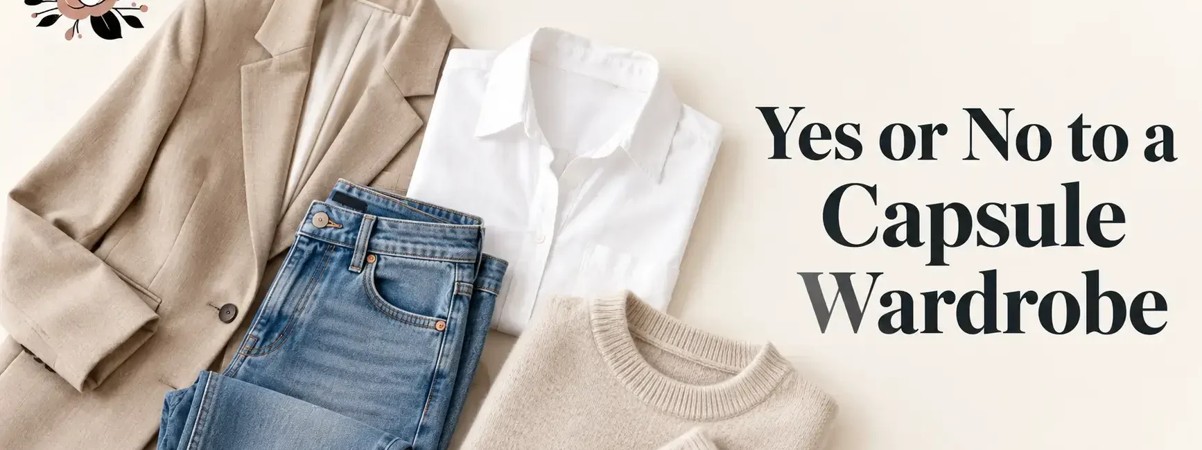 A clean flat-lay of a small, coordinated set of neutral-toned clothing pieces, like a blazer, jeans, a white shirt, and a sweater, arranged on a light surface, soft natural light, bright and modern