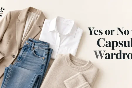 A clean flat-lay of a small, coordinated set of neutral-toned clothing pieces, like a blazer, jeans, a white shirt, and a sweater, arranged on a light surface, soft natural light, bright and modern