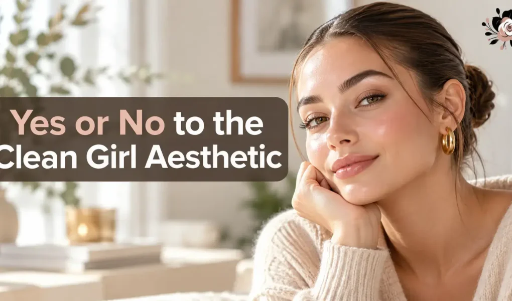 Clean girl aesthetic featuring a woman with slicked-back bun, dewy makeup, and gold hoop earrings, exploring Yes or No to the Clean Girl Aesthetic on YesVsNo.net.