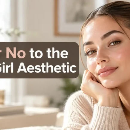Clean girl aesthetic featuring a woman with slicked-back bun, dewy makeup, and gold hoop earrings, exploring Yes or No to the Clean Girl Aesthetic on YesVsNo.net.