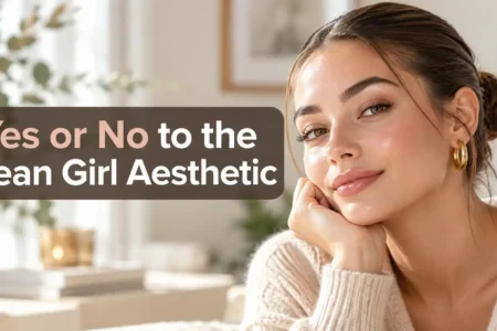 Clean girl aesthetic featuring a woman with slicked-back bun, dewy makeup, and gold hoop earrings, exploring Yes or No to the Clean Girl Aesthetic on YesVsNo.net.
