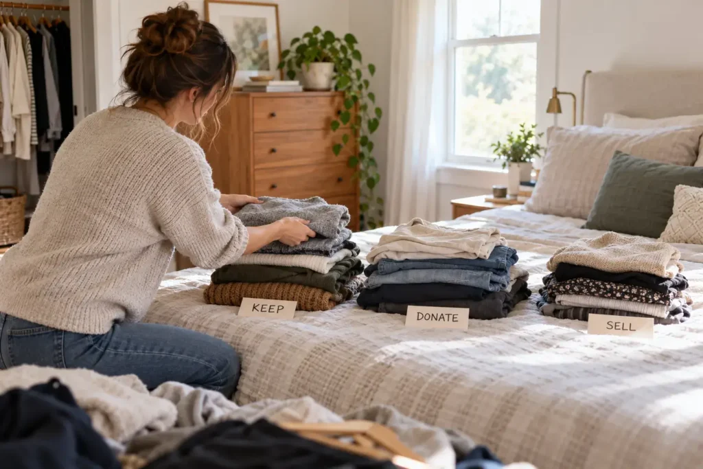 A person sorting folded clothes into labeled piles on a bed, like a closet decluttering session, natural candid moment, bright room, no identifiable branding or logos.
