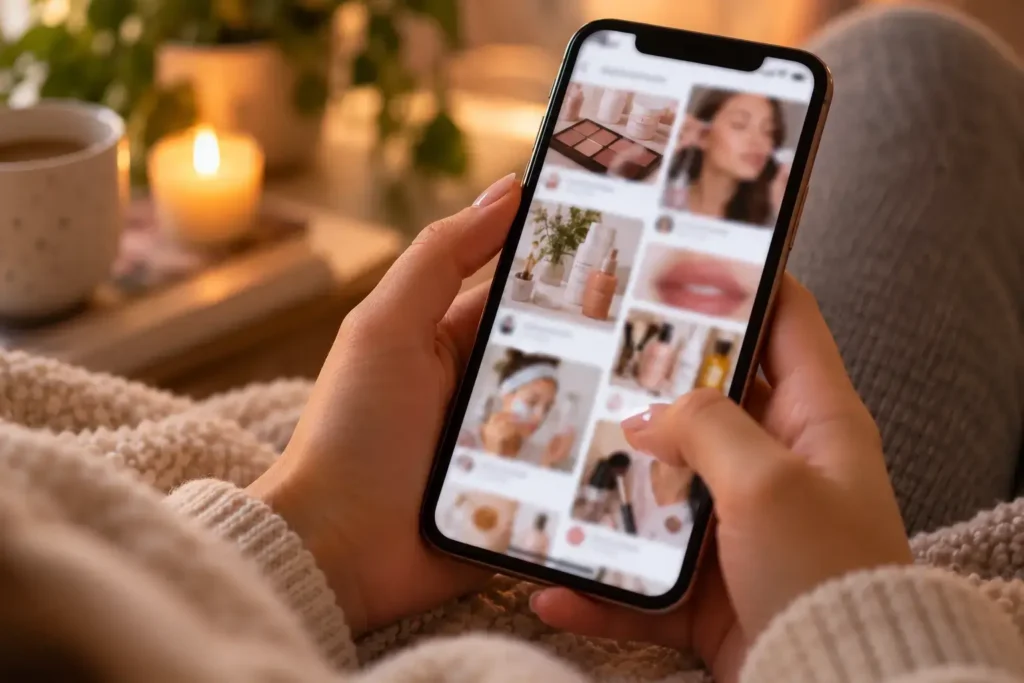 Yes or No to Following Beauty Influencers – Close-up of a person scrolling through makeup tutorials, skincare products, and beauty influencer posts on a smartphone.