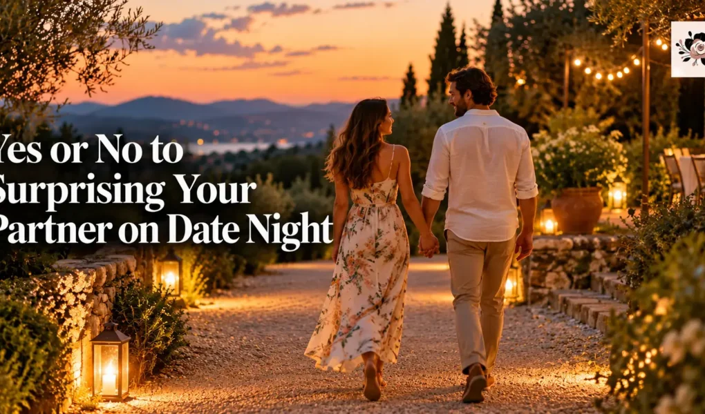 A couple holding hands while walking toward a softly lit outdoor setting at dusk, warm and candid, no identifiable branding or logos.