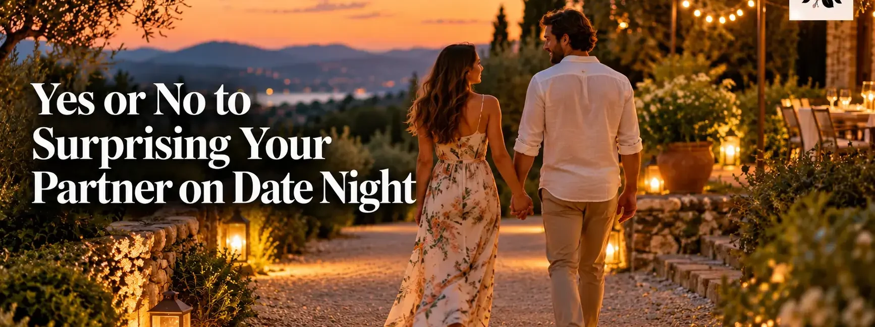 A couple holding hands while walking toward a softly lit outdoor setting at dusk, warm and candid, no identifiable branding or logos.