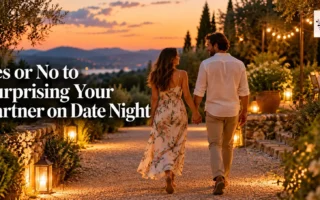 A couple holding hands while walking toward a softly lit outdoor setting at dusk, warm and candid, no identifiable branding or logos.