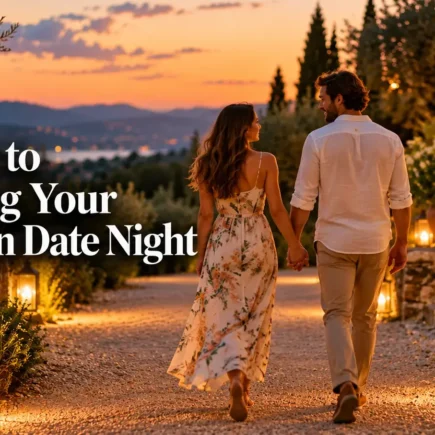 A couple holding hands while walking toward a softly lit outdoor setting at dusk, warm and candid, no identifiable branding or logos.
