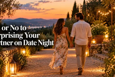 A couple holding hands while walking toward a softly lit outdoor setting at dusk, warm and candid, no identifiable branding or logos.