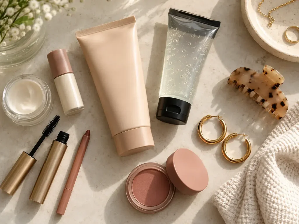 Affordable clean girl aesthetic essentials featuring tinted moisturizer, hair gel, minimal makeup products, and gold hoop earrings arranged on a neutral background.