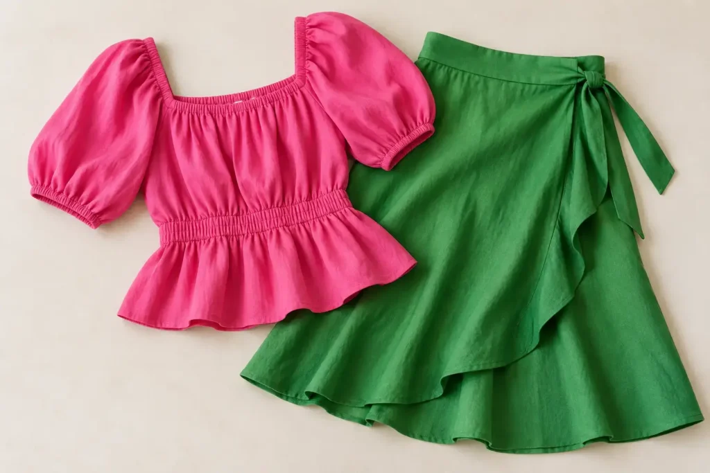 : A close-up flat-lay of two solid-colored contrasting clothing pieces laid out together, like a pink top and a green skirt, on a light neutral surface, soft natural light, no identifiable branding or logos.