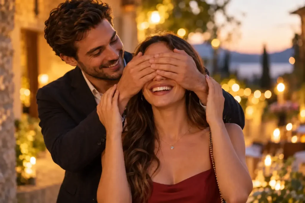 A close-up of someone covering their partner's eyes playfully while leading them somewhere, warm lighting, candid and joyful, no identifiable branding.