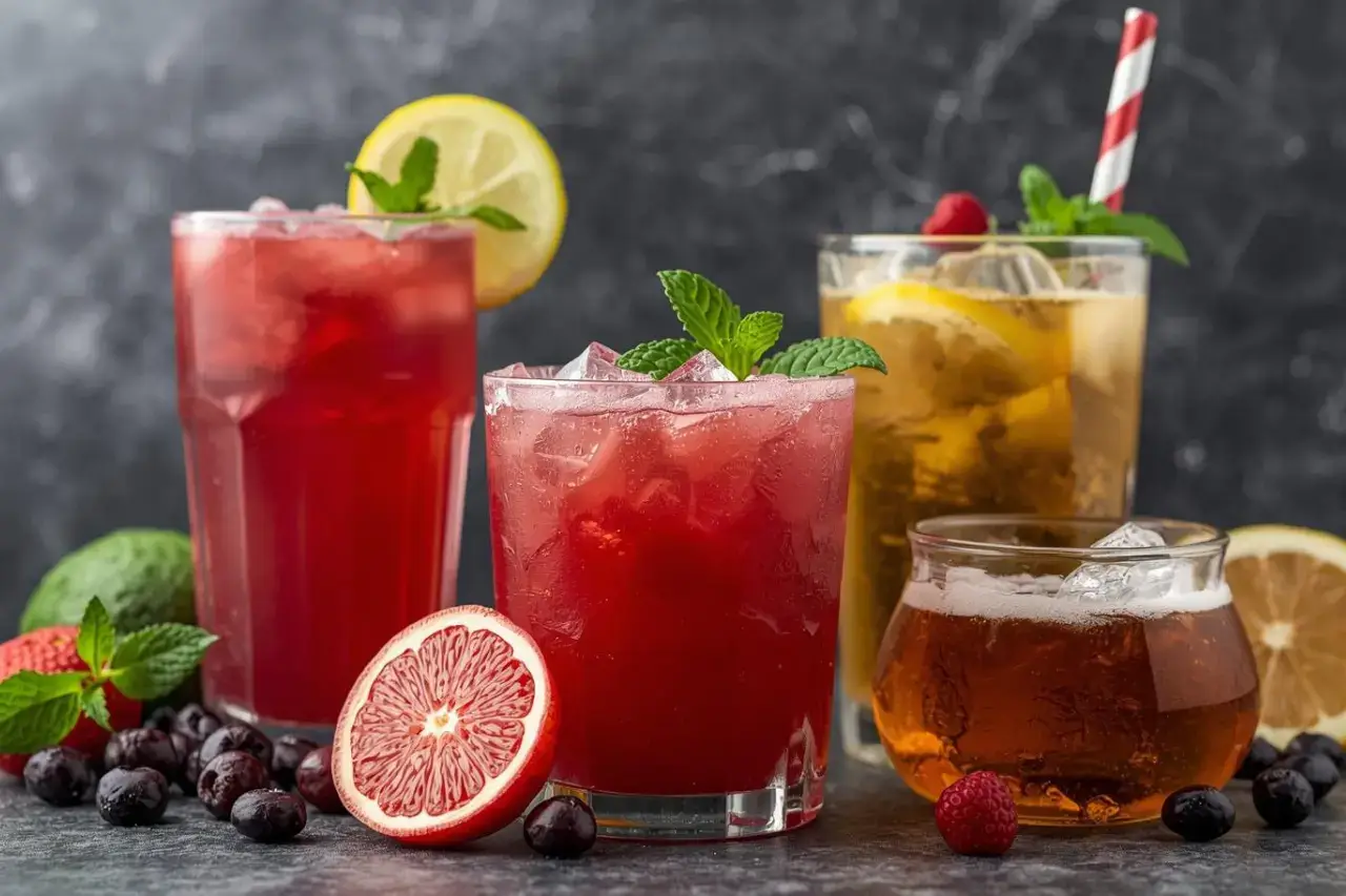 Yes or No to Creatine mixing ideas on yesvsno.net—assorted fruit drinks with ice, mint, citrus slices, and berries.