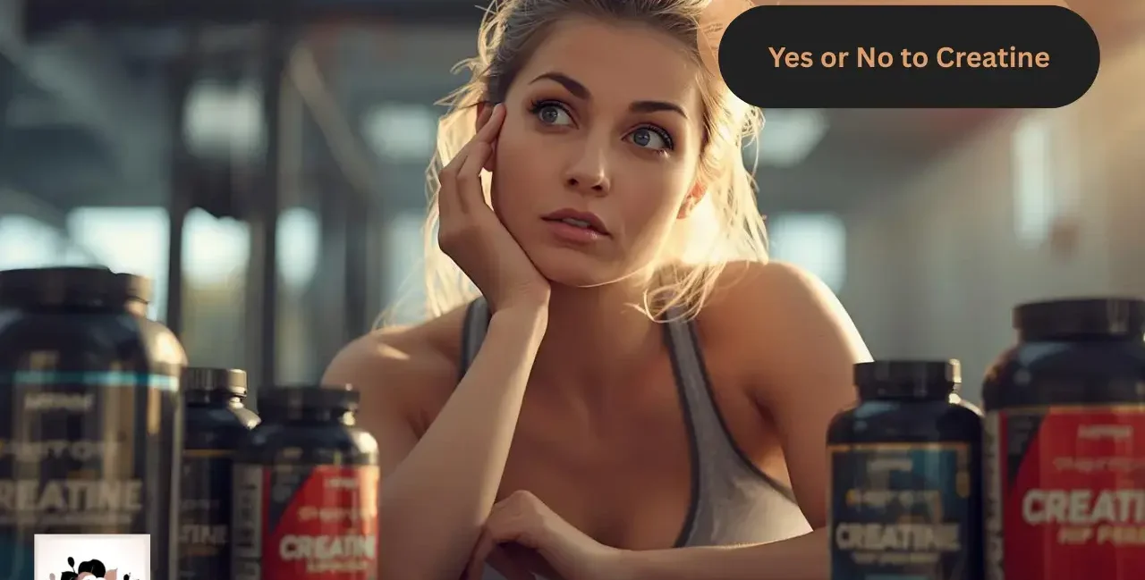 Yes or No to Creatine guide on yesvsno.net—woman in a gym sitting by creatine supplement bottles on a table.