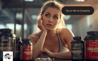 Yes or No to Creatine guide on yesvsno.net—woman in a gym sitting by creatine supplement bottles on a table.