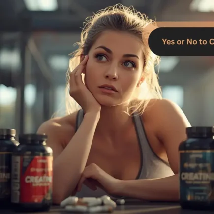 Yes or No to Creatine guide on yesvsno.net—woman in a gym sitting by creatine supplement bottles on a table.