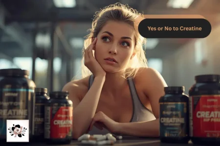 Yes or No to Creatine guide on yesvsno.net—woman in a gym sitting by creatine supplement bottles on a table.