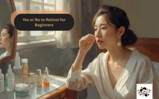 A woman applying skincare while looking at her reflection in a mirror. Get expert advice on 'Yes or No to Retinol' at YesVsNo.net.