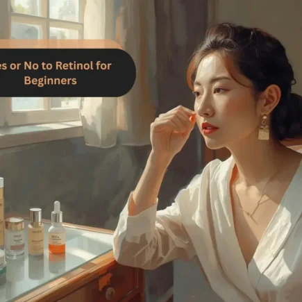 A woman applying skincare while looking at her reflection in a mirror. Get expert advice on 'Yes or No to Retinol' at YesVsNo.net.