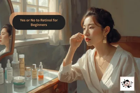 A woman applying skincare while looking at her reflection in a mirror. Get expert advice on 'Yes or No to Retinol' at YesVsNo.net.