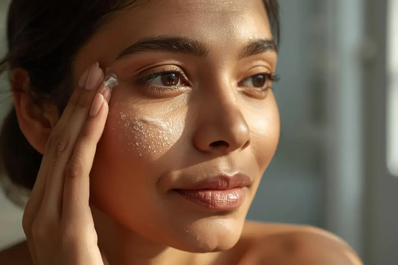 A woman applying skincare cream on her face, gently massaging it into her skin. Explore 'Yes or No to Retinol' for beginners on YesVsNo.net.