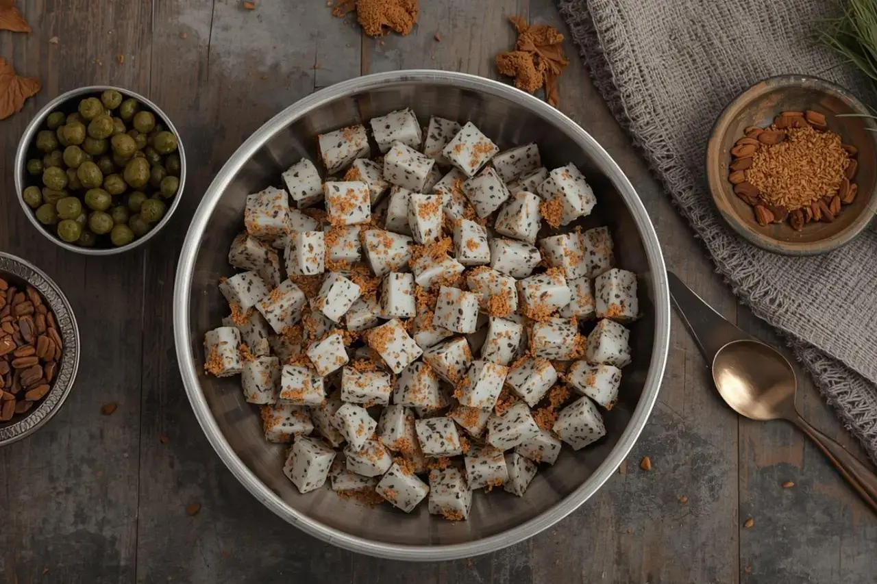 A bowl of Bakuchiol with spices and herbs on a wooden surface. Learn more about 'Yes or No to Retinol' for skincare routines at YesVsNo.net.