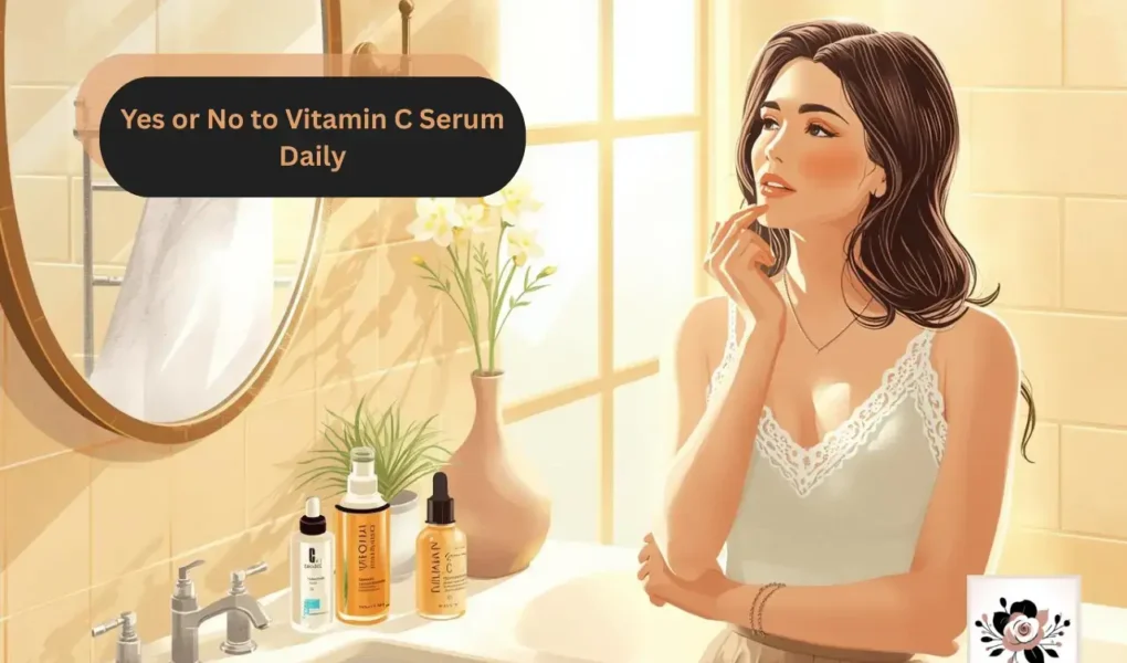 Yes or No to Vitamin C Serum Daily illustration showing a woman’s bathroom skincare routine for a yesvsno.net article