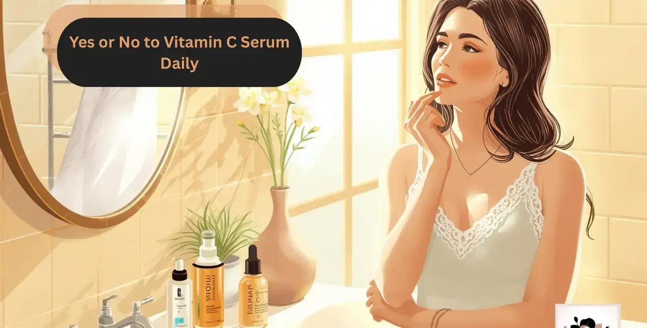 Yes or No to Vitamin C Serum Daily illustration showing a woman’s bathroom skincare routine for a yesvsno.net article