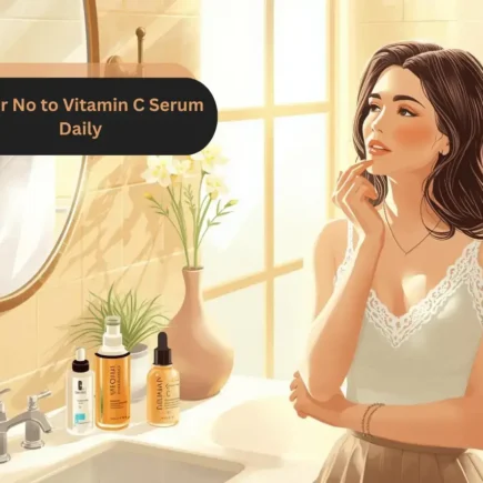Yes or No to Vitamin C Serum Daily illustration showing a woman’s bathroom skincare routine for a yesvsno.net article