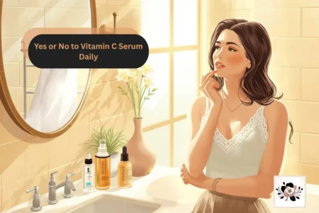 Yes or No to Vitamin C Serum Daily illustration showing a woman’s bathroom skincare routine for a yesvsno.net article