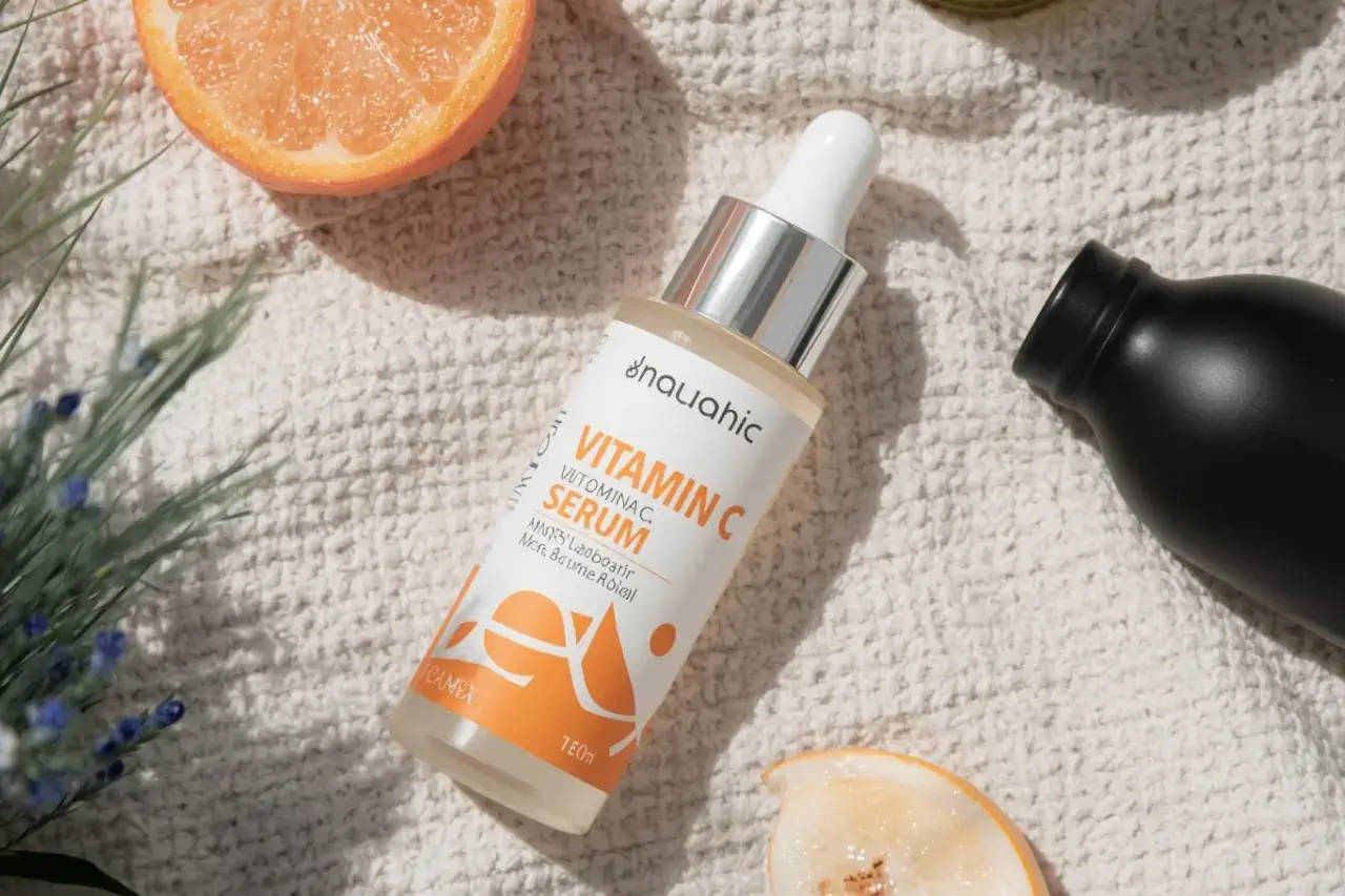 Vitamin C serum bottle with citrus slices on a textured towel, featured in a skincare guide on yesvsno.net