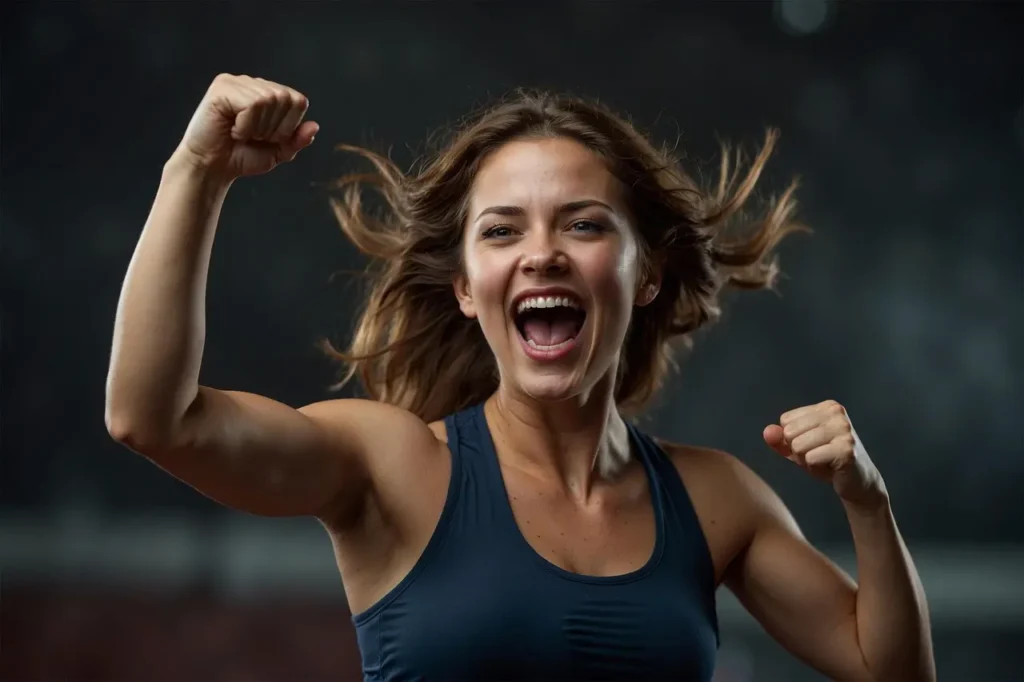 An extroverted woman celebrating her success with a victorious pose, showing confidence and enthusiasm. Image by yesvsno.net.
