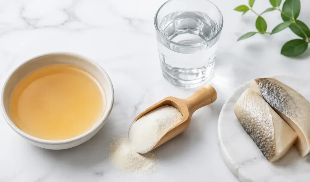Flat lay of collagen supplement powder in a wooden scoop with a glass of water and bone broth in a bowl on a clean white marble surface, bright natural lighting, minimal editorial style — collagen supplement powder and natural sources, yes or no to collagen supplements.