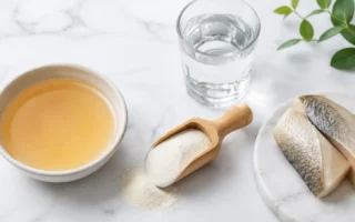 Flat lay of collagen supplement powder in a wooden scoop with a glass of water and bone broth in a bowl on a clean white marble surface, bright natural lighting, minimal editorial style — collagen supplement powder and natural sources, yes or no to collagen supplements.