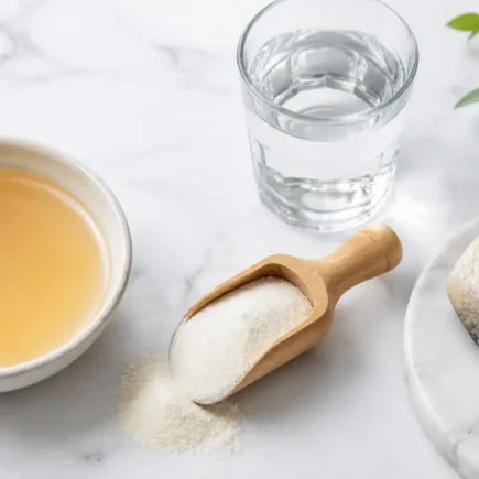 Flat lay of collagen supplement powder in a wooden scoop with a glass of water and bone broth in a bowl on a clean white marble surface, bright natural lighting, minimal editorial style — collagen supplement powder and natural sources, yes or no to collagen supplements.
