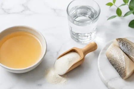 Flat lay of collagen supplement powder in a wooden scoop with a glass of water and bone broth in a bowl on a clean white marble surface, bright natural lighting, minimal editorial style — collagen supplement powder and natural sources, yes or no to collagen supplements.