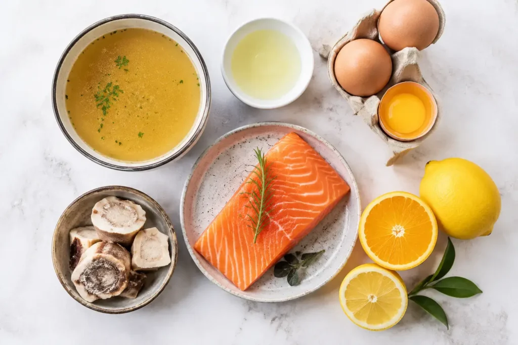 Top-down flat lay of collagen-rich food sources including bone broth, salmon fillet, egg whites, and citrus slices arranged neatly on a light background in natural daylight — collagen food sources overview, yes or no to collagen supplements.