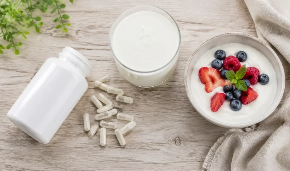 Flat lay of probiotic supplement bottle with capsules spilled beside kefir, yogurt, and berries on a light wooden surface under soft natural lighting — probiotic supplements and fermented foods - yes or no to probiotics every day.