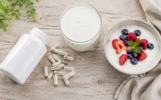 Flat lay of probiotic supplement bottle with capsules spilled beside kefir, yogurt, and berries on a light wooden surface under soft natural lighting — probiotic supplements and fermented foods - yes or no to probiotics every day.