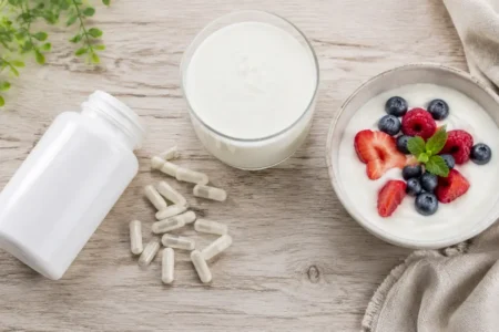 Flat lay of probiotic supplement bottle with capsules spilled beside kefir, yogurt, and berries on a light wooden surface under soft natural lighting — probiotic supplements and fermented foods - yes or no to probiotics every day.