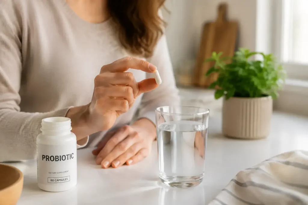 Close-up lifestyle shot of a woman holding a probiotic capsule next to a glass of water in a bright kitchen with soft morning light and a clean natural aesthetic — probiotic supplements and fermented foods - yes or no to probiotics every day.