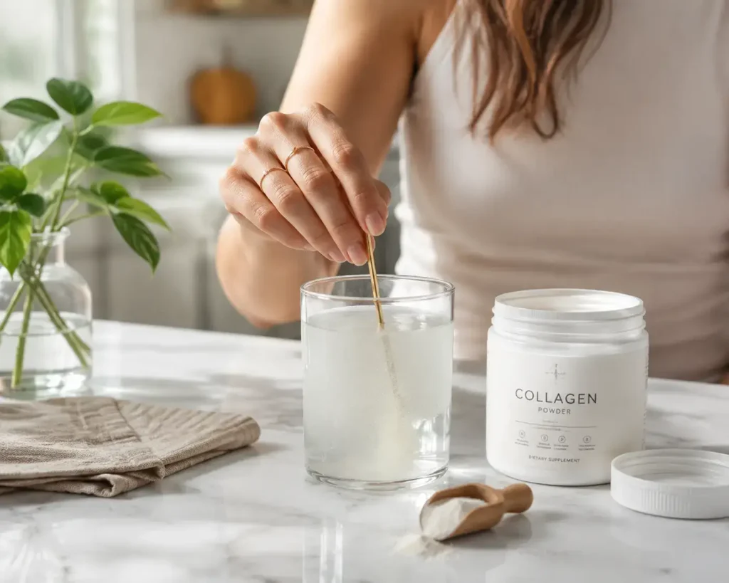 lose-up lifestyle photo of a woman mixing collagen powder into a glass of water on a kitchen counter during soft morning light, clean and natural aesthetic with blurred kitchen background — collagen supplement drink preparation, yes or no to collagen supplements.
