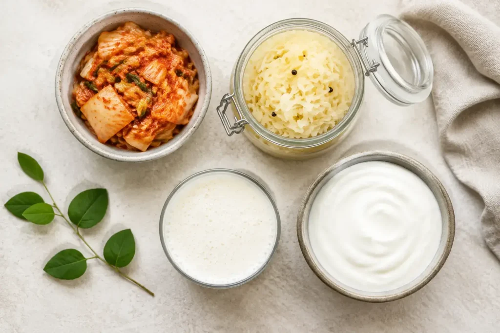 Top-down flat lay of fermented foods including kimchi, sauerkraut, kefir, and yogurt arranged on a light neutral background in natural daylight — probiotic supplements and fermented foods - yes or no to probiotics every day.
