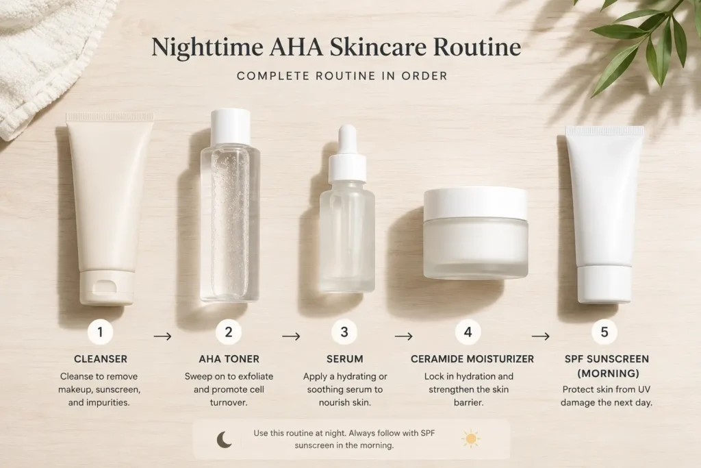 A top-down flat lay of a complete nighttime AHA routine laid out in application order: cleanser, AHA toner, serum, ceramide moisturizer, and SPF for morning — each on a separate clean section of a light wood surface.