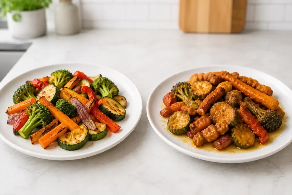 Side-by-side comparison shot of air-fried vegetables and deep-fried vegetables on separate plates, showing the visual and oil difference between the two methods.